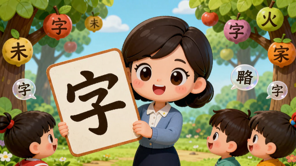 画面主体为一位可爱的卡通老师形象,正微笑着向一群小朋友展示一个大大的“字”卡片,背景是色彩明亮的动画森林,树木上挂满了各种汉字形状的果实。布局采用居中构图,老师与孩子们位于画面中央,四周点缀着漂浮的汉字气泡。排版清晰,主体突出,风格为可爱卡通插画,色彩鲜艳明快,细节丰富,画质高清干净,无多余元素。