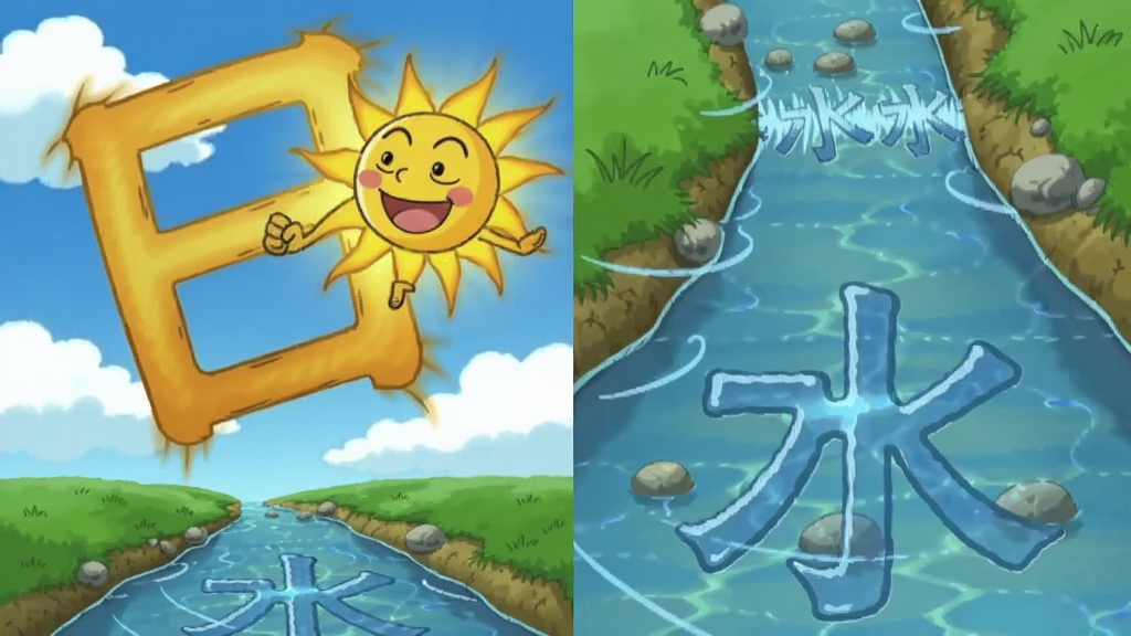 画面主体为动画中的“日”字变身成一个金色的小太阳,正欢快地在蓝天白云间跳跃,下方是清澈的小溪流淌,溪水中映出“水”字的倒影。布局为左右分屏,左侧是动态的太阳形象,右侧是溪流与“水”字。排版活泼,风格为明亮的儿童动画风,色彩温暖,细节生动,画质干净清晰,无多余元素。