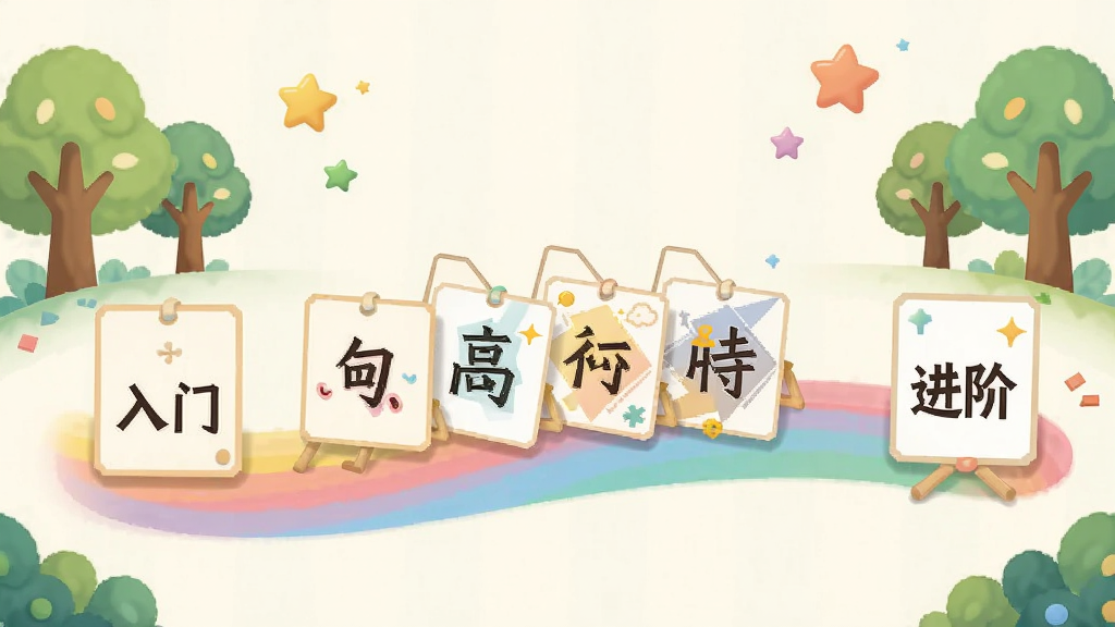 画面主体为一条蜿蜒的彩色路径,路径上依次排列着从简单到复杂的汉字卡片,起始处标注“入门”,终点处标注“进阶”。布局为横向长图,路径贯穿画面中央,两侧有卡通树木和星星装饰。排版清晰,风格为教育插画风,色彩柔和,细节丰富,画质干净,无多余元素。