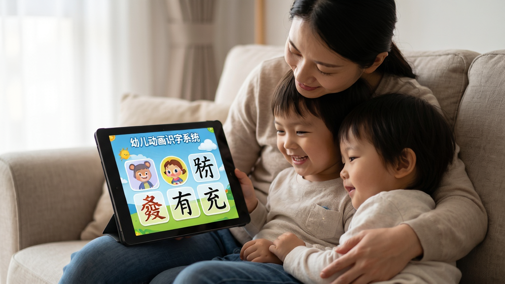 画面主体为家长和孩子一起使用平板电脑学习“幼儿动画识字系统”的场景,屏幕上显示着彩色动画和汉字,孩子脸上带着笑容。布局为家庭温馨场景,家长坐在沙发上,孩子依偎在旁,平板位于画面中央。排版自然,风格为写实生活照风格,光线柔和,细节丰富,画质高清,无多余元素。
