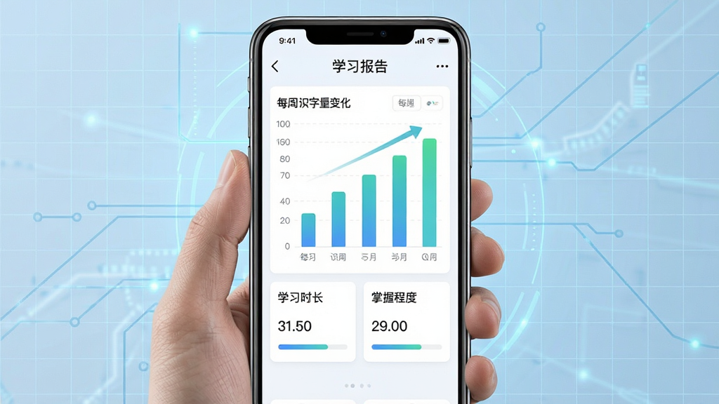 画面主体为家长手机上的学习报告界面,以柱状图显示每周识字数量变化,下方有“学习时长”和“掌握程度”数据卡片。布局为手机屏幕截图风格,居中展示,背景为淡蓝色科技感网格。排版数据清晰,风格为简约数据可视化,色彩简洁,细节精确,画质高清,无多余元素。