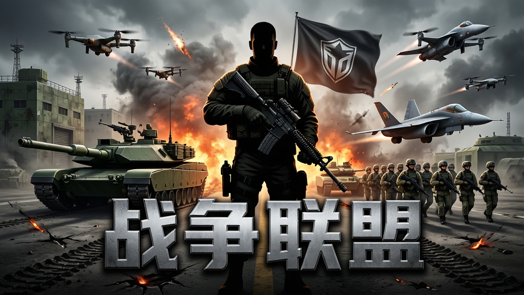 主体:《战争联盟》游戏主视觉图,展示现代军事基地与坦克、战机等载具。布局:中央为全副武装的指挥官剪影,背景是硝烟弥漫的战场与联盟旗帜。排版:画面下方中央用粗体中文标注“战争联盟”四个大字,字体为金属质感。风格:写实军事风格,色彩以军绿、深灰、橙红火焰为主。细节:地面有弹痕和履带痕迹,空中悬浮无人机,士兵列队前行。画质:4K超高清,光影逼真,干净无多余元素。