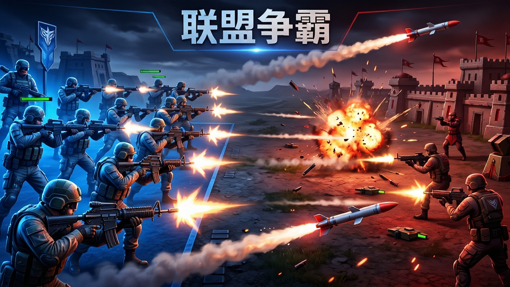 主体:“战争联盟”联盟对战画面,多支部队联合进攻敌方基地。布局:画面左侧为我方联盟军队,右侧为敌方防御工事,中央为交火区域。排版:画面顶部中央显示“联盟争霸”字样。风格:动态战斗场景,色彩对比强烈,蓝色与红色光效交织。细节:士兵开火枪口闪光,导弹拖尾轨迹,爆炸碎片飞溅。画质:高帧率渲染,细节丰富,干净无多余元素。