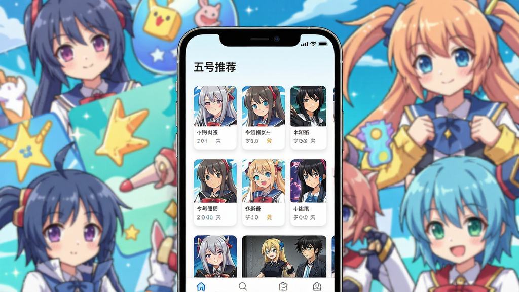 五号动漫板,动漫资源聚合手机软件,现代简约界面布局,手机屏幕展示动漫分类列表与新番推荐,背景是多彩动漫元素,排版清晰,风格清新明快,细节丰富,画质高清,干净无多余元素