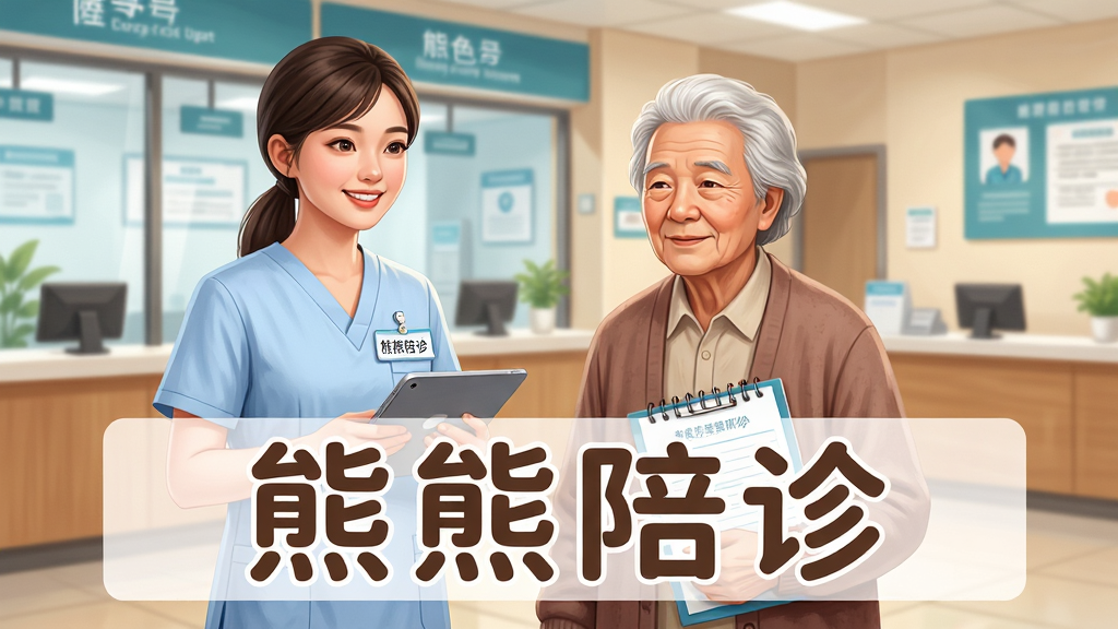 主体:一位面带微笑的年轻女性陪诊师身穿淡蓝色工作服,手持平板电脑,站在医院大厅引导一位老年患者。布局:陪诊师在画面左侧,老人居中,背景是清晰的医院挂号窗口和导诊台。排版:画面下方三分之一处放置白色半透明底框,上面写着“熊熊陪诊”四个大字,字体圆润可爱。风格:写实插画风,色彩明亮温暖,人物比例协调。细节:陪诊师胸前佩戴“熊熊陪诊”工作牌,老人手里拿着病历本,表情安心。画质:高分辨率,光影自然,干净无多余元素。