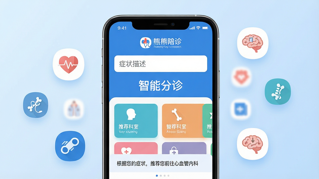 主体:手机屏幕放大展示熊熊陪诊的智能分诊界面,界面顶部有“症状描述”输入框,下方用彩色卡片列出推荐科室。布局:手机居中,周围漂浮着代表不同科室的图标(如心脏、骨骼、大脑等)。排版:手机屏幕内显示“熊熊陪诊”Logo和“智能分诊”标题,文字清晰。风格:扁平化UI设计风格,色彩以蓝色和白色为主,简洁现代。细节:屏幕上有“根据您的症状,推荐您前往心血管内科”的提示文字,背景是淡蓝色渐变色。画质:高清晰度,无多余元素。