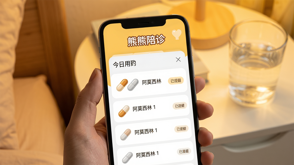 主体:一只手拿着手机,屏幕显示熊熊陪诊的用药提醒界面,界面中有一排药丸图标和“已提醒”字样。布局:手机占据画面中心,背景是床头柜和一杯水。排版:屏幕顶部有“熊熊陪诊”Logo,下方是今日用药列表。风格:温馨居家风,暖黄色调。细节:药丸图标旁有“阿莫西林 1粒”文字,手机屏幕边缘有轻微的阴影。画质:真实感强,无多余元素。