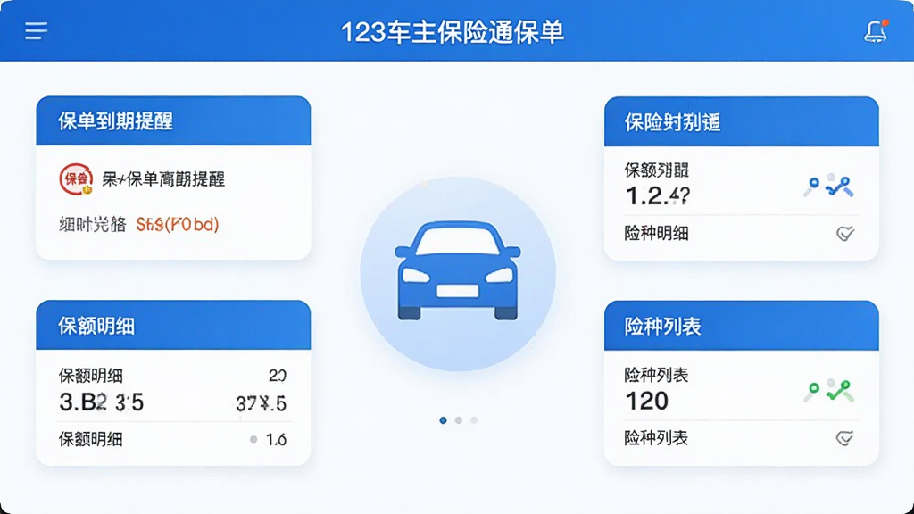 展示123车主保险通保单管理界面的图片,画面中央是一辆汽车图标,周围环绕着保单到期提醒、保额明细、险种列表等信息卡片,界面以蓝色和白色为主色调,排版整齐清晰,画质高清干净
