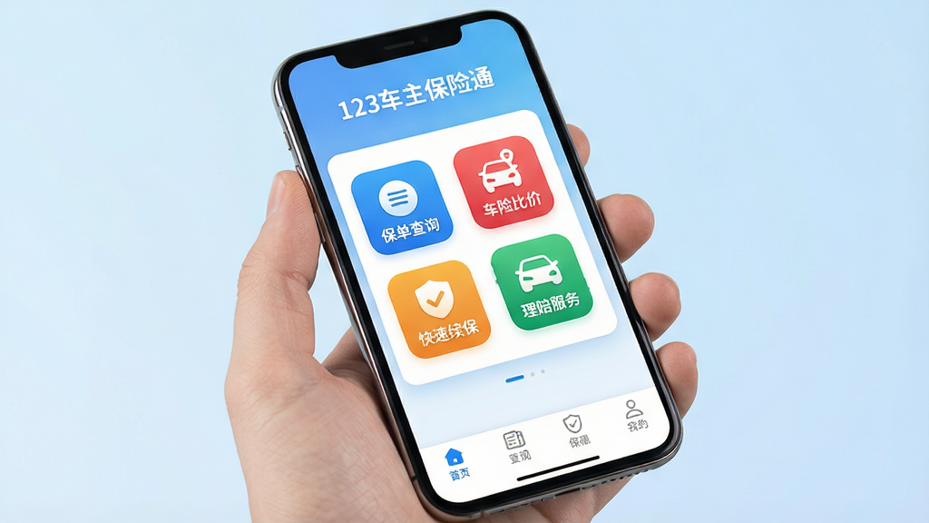 一张手机屏幕展示123车主保险通主界面的高清图片,界面顶部显示“123车主保险通”字样,中部为保单查询、车险比价、快速续保、理赔服务四个彩色功能图标,底部为白色导航栏,整体布局简洁现代,背景为淡蓝色渐变,画质干净无多余元素