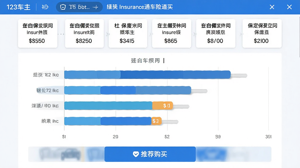一张123车主保险通车险比价功能的界面截图,上方显示多款保险产品名称及价格列表,中间有横向对比的柱状图,下方是推荐购买按钮,界面风格简洁清晰,蓝色主题色,画质明亮干净