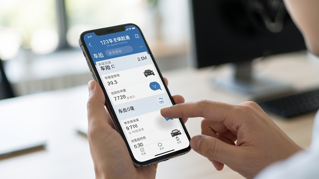 一张用户正在手机上操作123车主保险通应用的实拍图,手机屏幕清晰显示车险报价列表,用户手指点击选择,背景为模糊的办公环境,画面聚焦手机屏幕,画质高清,光线自然