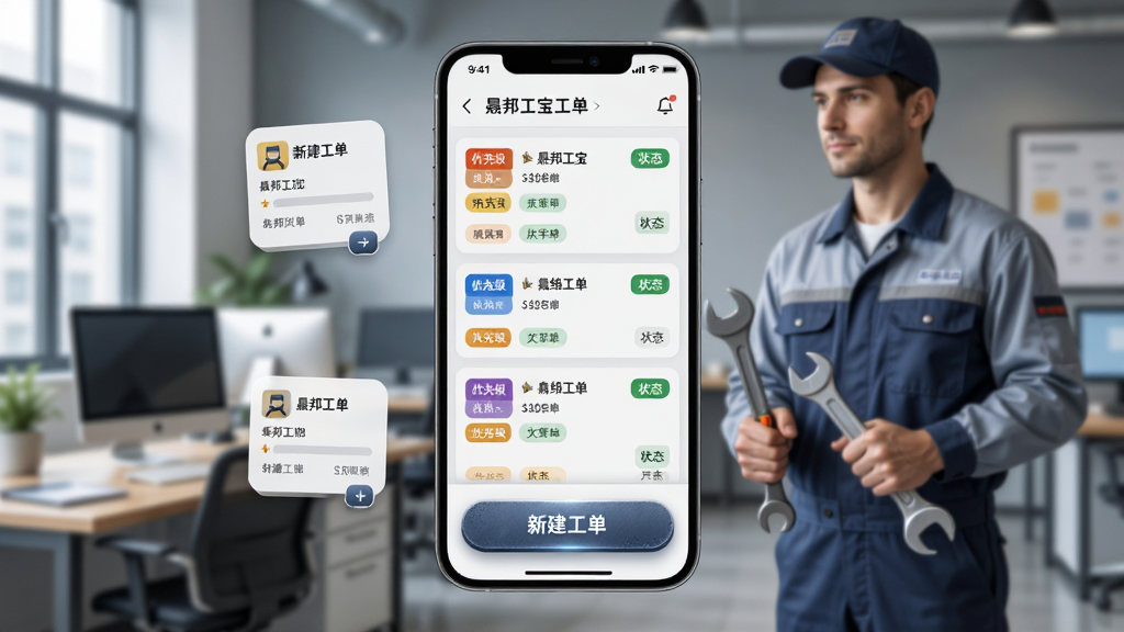 画面主体为手机屏幕展示晟邦工宝工单列表,每条工单带有优先级色块和状态标签,底部有“新建工单”按钮;背景是办公室和工程师手持工具;布局为手机居中,旁边有悬浮的工单图标;风格为半写实半UI设计,细节突出按钮质感,画质清晰,无多余元素