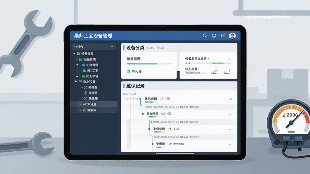 画面主体为平板电脑显示晟邦工宝设备管理界面,左侧是设备分类树,右侧是设备详情卡片与维保记录时间线;背景为浅灰色工业场景,桌面有扳手和仪表;布局采用平板居中构图,排版清晰;风格为扁平化插画风,细节包括进度条、状态图标,画质干净,无多余元素