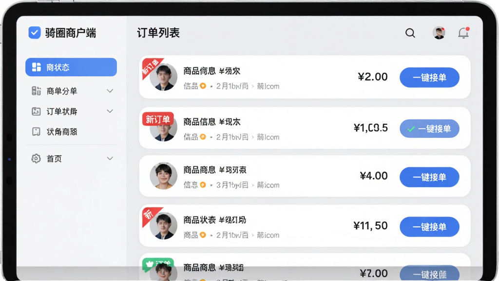 主体为“骑圈商户端”应用内的订单列表面板,展示不同颜色的订单状态标签。布局采用平板电脑横屏显示的样式,左侧是侧边导航栏,右侧是订单详情列表,每行订单包含顾客头像、商品信息、金额和状态按钮。排版规整,信息层级分明。风格为现代商务UI设计,背景色为浅灰色,卡片采用白色圆角矩形。细节上,有醒目的“新订单”红色标记和“一键接单”蓝色按钮,界面字体清晰。画质为高清UI设计稿,干净,无多余元素。