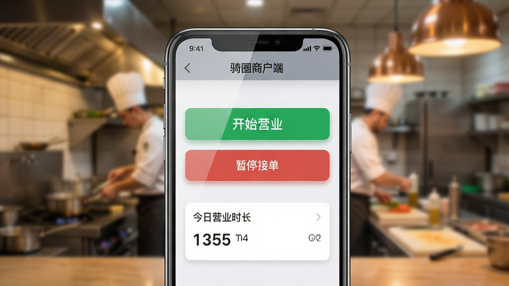 主体为一部智能手机显示“骑圈商户端”的店铺营业状态设置界面。布局采用居中构图,手机屏幕占据画面中心,屏幕内显示“开始营业”的绿色大按钮和“暂停接单”的红色按钮。排版简洁,按钮下方有“今日营业时长”的数据统计卡片。风格为清新商务风,背景是模糊的餐厅厨房环境,带有暖色调灯光。细节上,手机屏幕有细微反光,按钮有按压阴影效果。画质为高清摄影风格,干净,无多余元素。