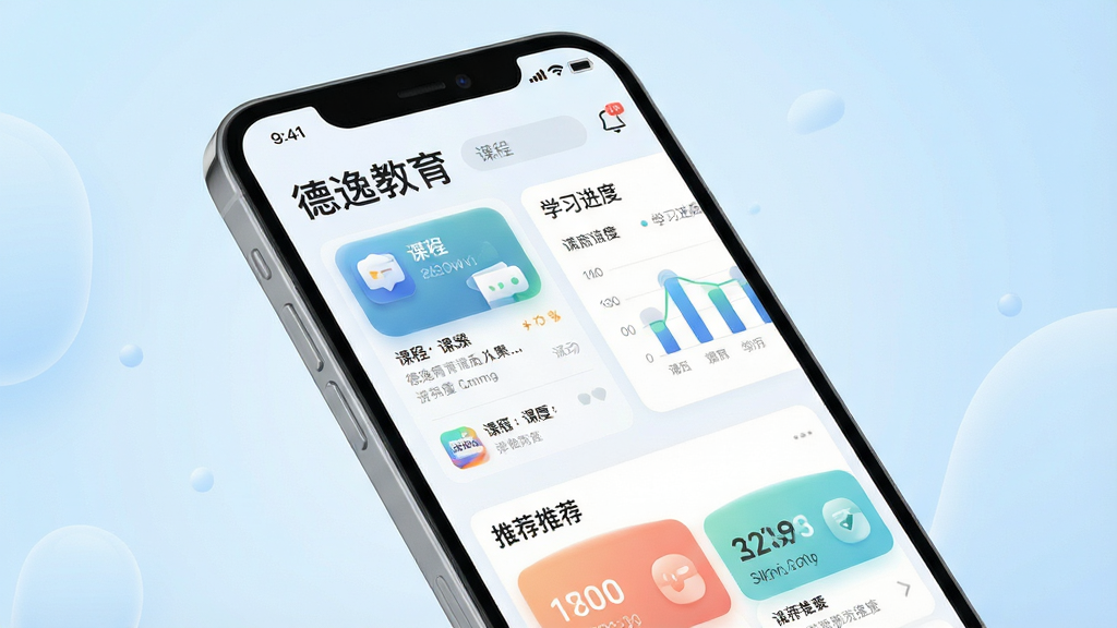 一张展示德逸教育APP核心界面的高清宣传图,主体为智能手机屏幕特写,屏幕上清晰显示“德逸教育”主界面,包含课程列表、学习进度图表和推荐模块。布局采用居中构图,手机微微倾斜,背景为干净的浅蓝色渐变,风格现代简约,细节上突出APP图标的圆润质感和界面线条的流畅性,画质细腻明亮,干净无多余元素。