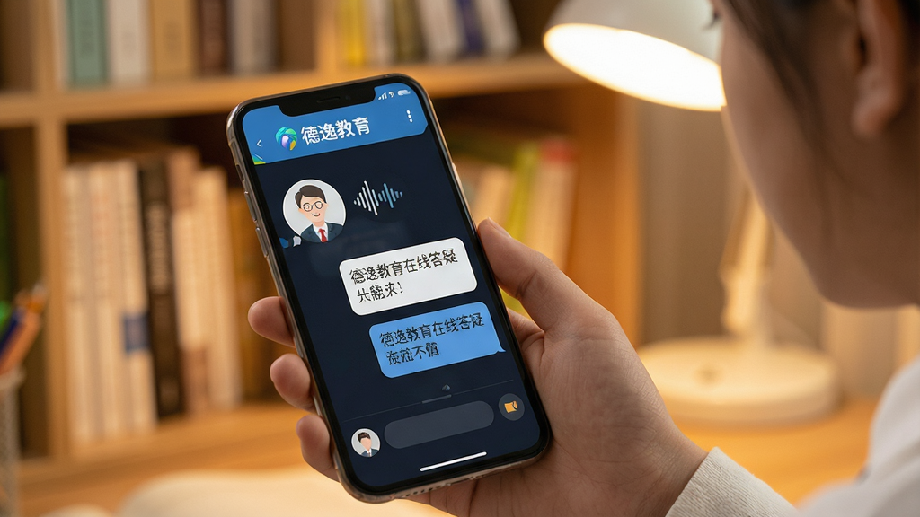 一张表现德逸教育在线答疑功能的场景图,主体为一名学生拿着手机,手机屏幕显示与老师的对话界面,老师头像旁有语音波形图标。布局采用特写镜头,背景是温馨的书房环境,风格写实温暖,细节上突出手机屏幕的清晰内容,包括“德逸教育”的标识和解答文字的对话气泡,画质柔和干净,无多余元素。