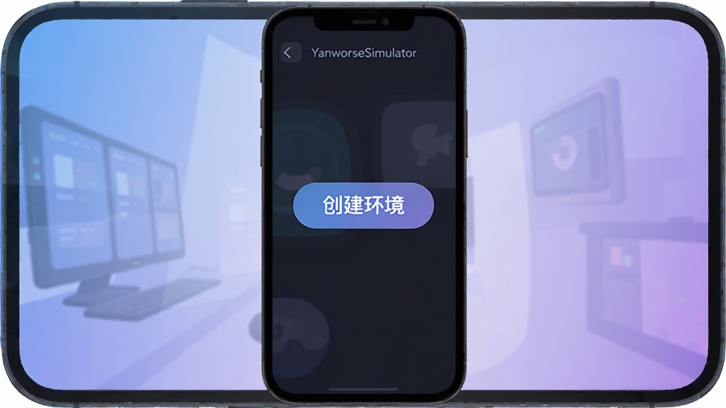 YanworseSimulator主界面预览图,展示简洁的深色主题,中央是“创建环境”按钮,背景为渐变蓝紫色,手机屏幕比例,扁平化设计风格,细节圆润,画质清晰,干净,无多余元素