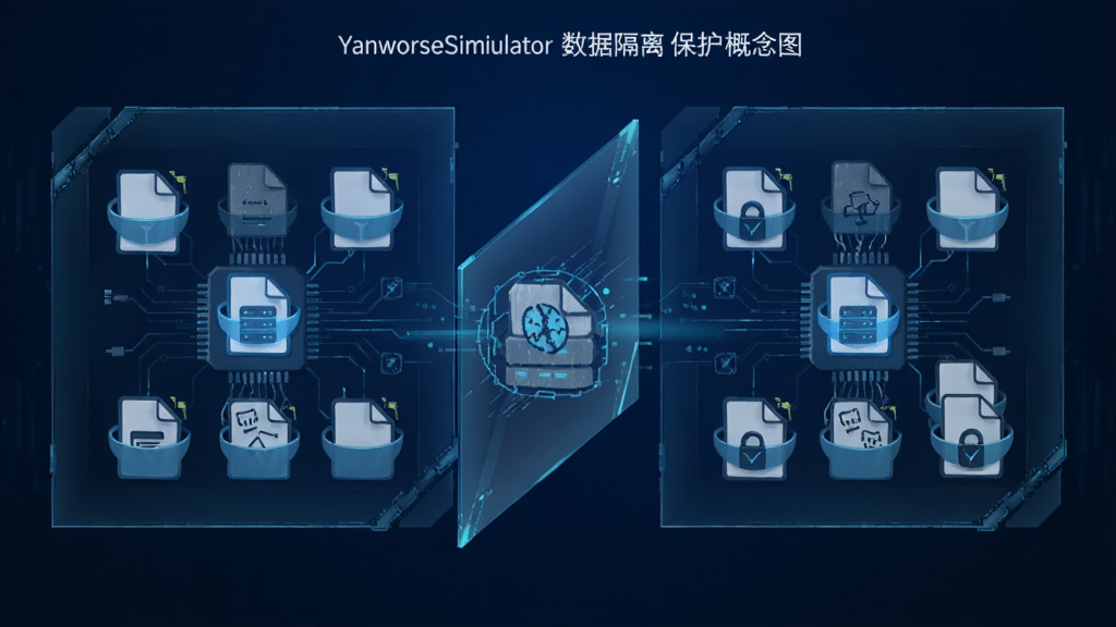 YanworseSimulator数据隔离保护概念图,展示两个独立空间分别存放文件图标,中间有一道透明屏障隔开,背景为深蓝色,风格科技感,布局对称,细节清晰,画质干净