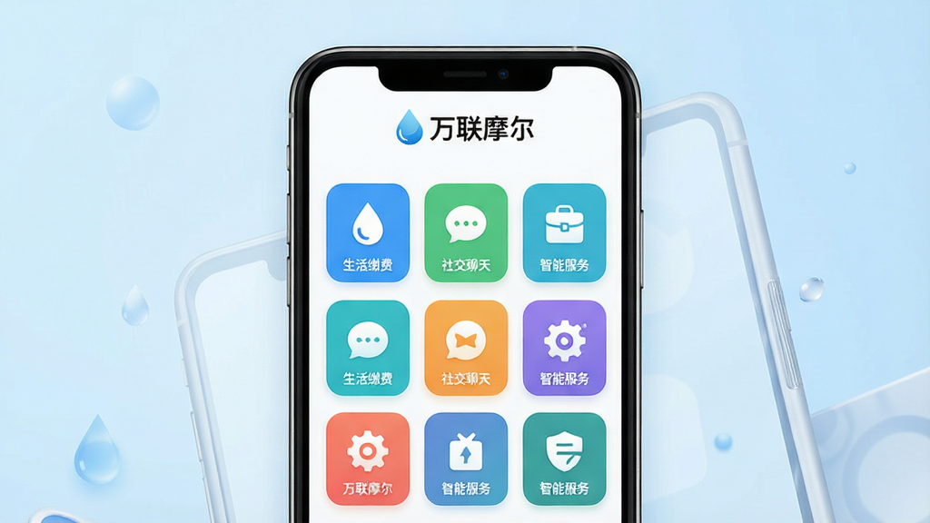 主体:万联摩尔APP主界面展示,一部智能手机屏幕显示软件首页,上方有“万联摩尔”品牌标识,界面包含生活缴费、社交聊天、智能服务等功能图标。布局:手机居中,背景为干净的浅蓝色渐变,界面元素清晰排列。排版:功能图标采用圆角矩形网格排列,色彩明快。风格:现代简约,扁平化设计,科技感。细节:屏幕中显示“万联摩尔”字样,图标有水滴、对话气泡、齿轮等,画质高清,干净,无多余元素。