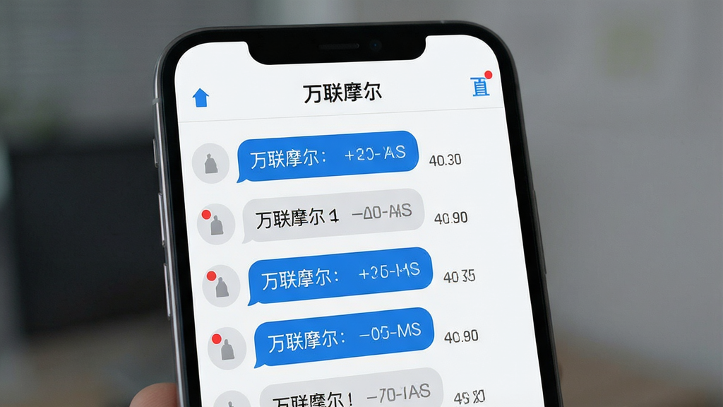 主体:万联摩尔APP消息通知界面,展示聊天列表与通知栏。布局:手机屏幕显示消息会话,顶部有“万联摩尔”字样,背景为浅灰白色。排版:消息气泡排列整齐,时间戳清晰。风格:简洁商务,蓝色点缀。细节:有未读红点、置顶图标,画质清晰,干净,无多余元素。