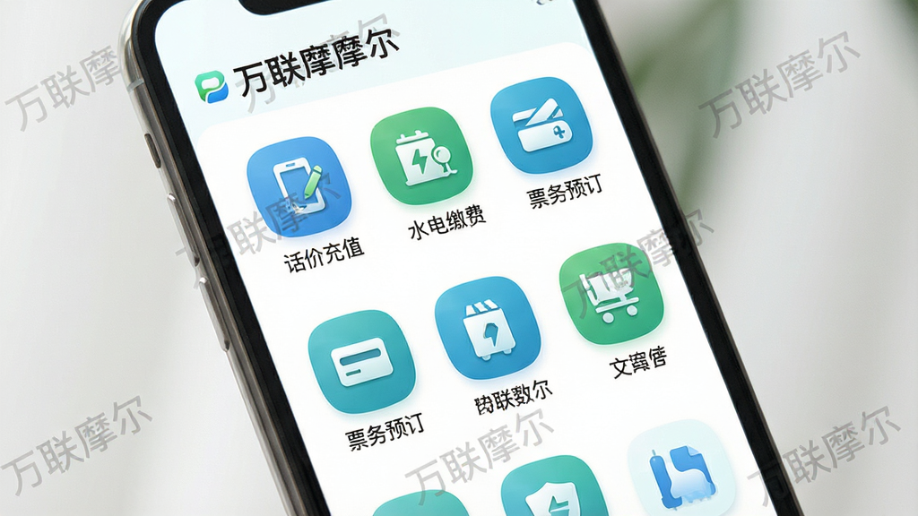 主体:万联摩尔APP生活服务功能页面,展示话费充值、水电缴费、票务预订等图标。布局:手机竖屏界面,服务项目以列表或宫格呈现,背景柔和白色。排版:每个服务图标下方配文字标签,清晰易读。风格:清新自然,色彩以蓝绿为主。细节:图标精致,有“万联摩尔”水印,画质细腻,干净,无多余元素。