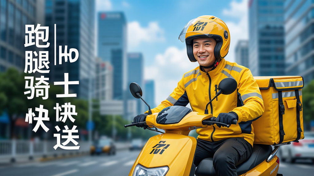 一幅现代都市背景的跑腿骑士快送应用宣传主视觉图,主体为身穿明亮黄色制服的骑手骑电动车穿梭在街道上,手拿配送箱,面带微笑,背景虚化的高楼大厦与蓝天白云,布局采用居中构图,骑手位于画面中心偏右,左侧留白放置应用名称“跑腿骑士快送”竖排字样,整体风格写实明亮,色彩饱和度高,细节包括骑手头盔上的品牌Logo、配送箱上的反光条,画质高清干净,无多余元素。