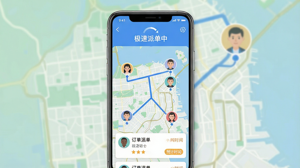 跑腿骑士快送App的智能派单界面截图风格预览图,主体为手机屏幕展示地图派单流程,多个骑手头像在地图上移动,有蓝色路线连线,布局为居中正面展示,屏幕内显示“极速派单中”字样,整体风格为扁平化UI设计,细节包括骑手头像、订单卡片、预计时间标签,画质清晰干净,无多余元素。