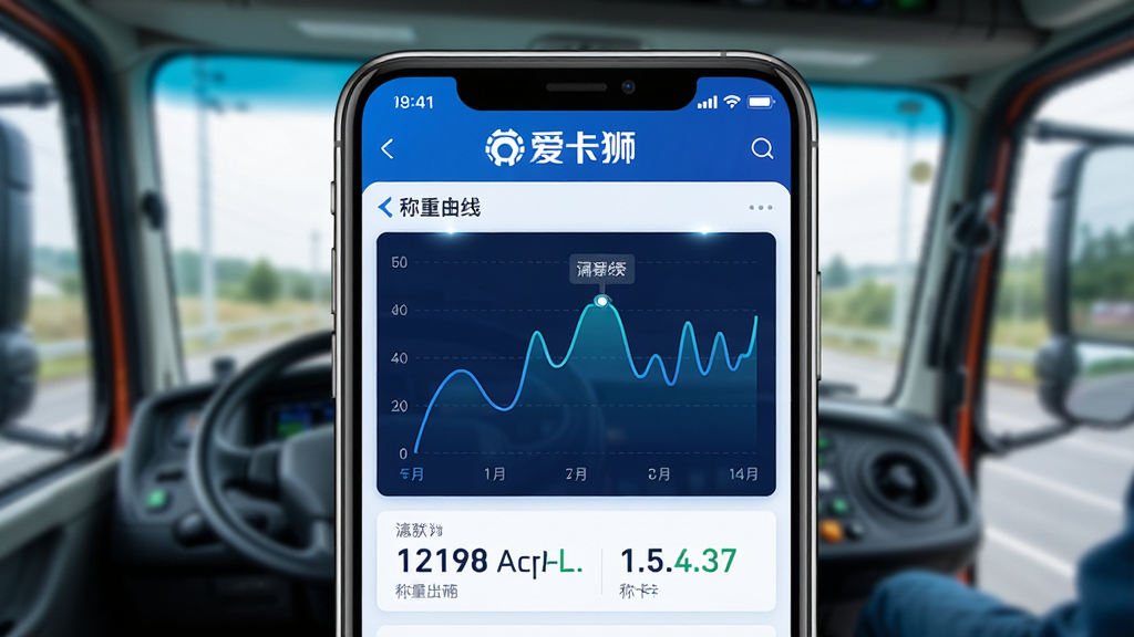 主体:手机屏幕显示爱卡狮APP的称重曲线图,曲线随货物装卸波动,数字清晰。布局:手机居中,背景为模糊的货车驾驶室。排版:界面简洁,数据与图表上下排列,顶部有“爱卡狮”LOGO。风格:科技感,蓝白主色调,高光质感。画质:高清,干净,无多余元素。