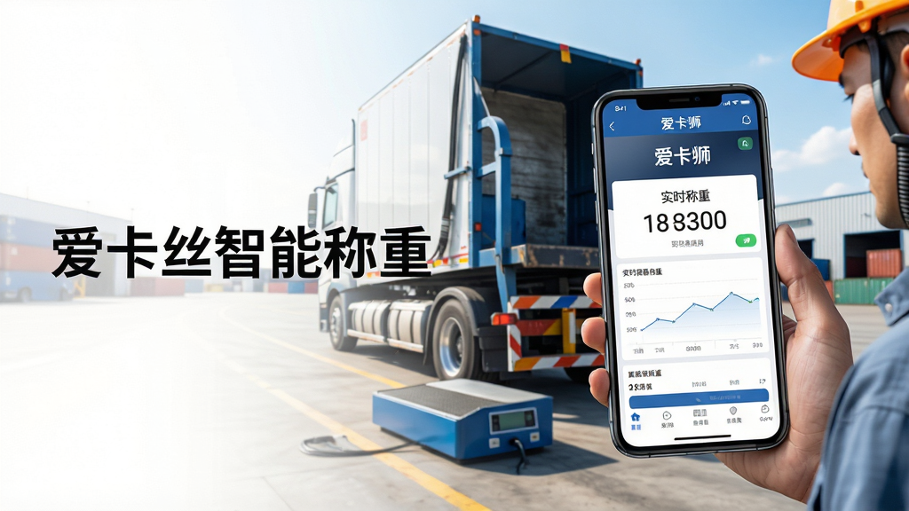 主体:一辆挂车停在装载区,司机手持手机查看爱卡狮APP上的实时称重数据,车旁有电子地磅。布局:前景为手机屏幕特写,显示“爱卡狮”界面和重量数字,背景为挂车与货场。排版:手机屏幕居中偏右,左侧留白放标题“爱卡狮智能称重”。风格:写实工业风,色彩明亮,细节清晰。画质:高清,干净,无多余元素。