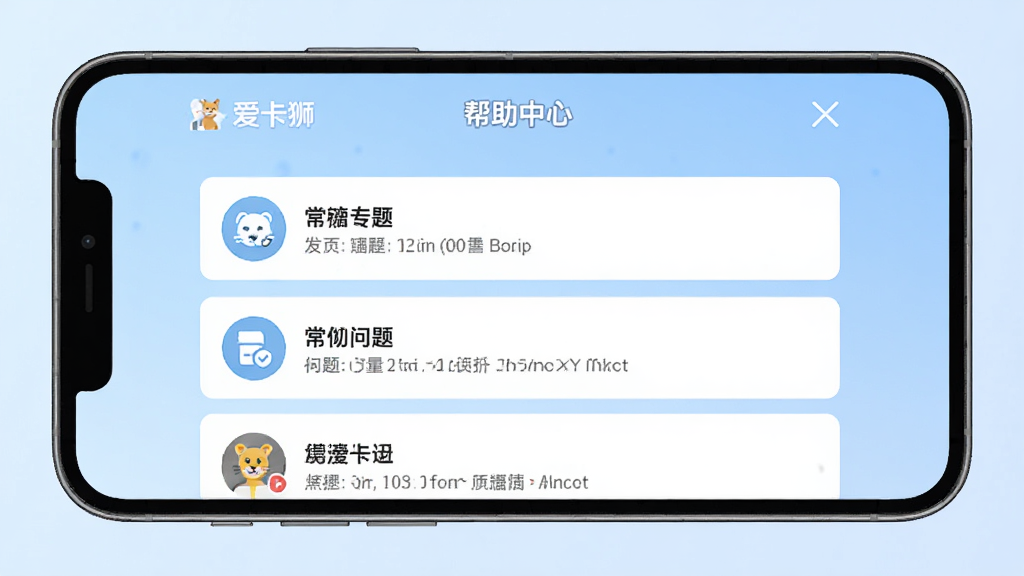 主体:手机横屏显示爱卡狮APP“帮助中心”界面,包含常见问题列表。布局:手机居中,背景为淡蓝色渐变。排版:列表清晰,每项有图标和文字。风格:扁平化,简洁明快。画质:高清,干净,无多余元素。