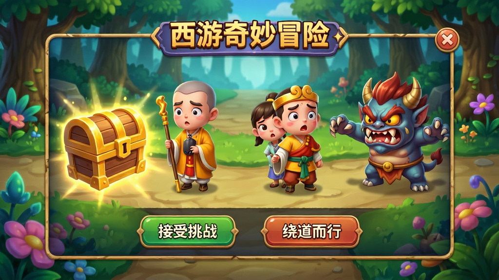 ���壺����������ð�ա������¼���������������ɮʦͽվ��һ����·�ڣ�ǰ������һ������ı����һֻ��·�����֡����֣�����λ�ڻ������룬����Ϊ��Ϸ������ǰ�����¼��������ֺ͡�������ս�������Ƶ����С�����ѡ�ť���Ű棺��������ֱַ�λ�ڵ�·���࣬�γ������ĶԱȣ������������ѡ�񡣷��Q�濨ͨ��Ⱦ��ɫ�����ޣ�����ϸ�ڷḻ����·������ï�ܵ�ɭ�ֺ��滨��ݡ�ϸ�ڣ�����ɢ���Ž�ɫ��â������������צ�������׺�����ɮʦͽ�ı�������о��Ⱥ���ԥ�����ʣ����澫������ӰЧ����ɫ���ɾ��޶���Ԫ�ء�