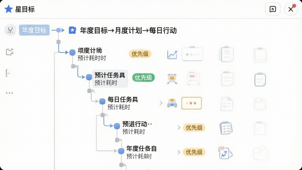 一张展示星目标智能拆解功能的截图,主体是用户界面中从年度目标分解到每日任务的树状结构图,布局层次分明,排版有箭头连接,风格简洁清晰,细节包括每个任务的预计耗时和优先级标签,画质锐利干净,无多余元素,图片文字包括
