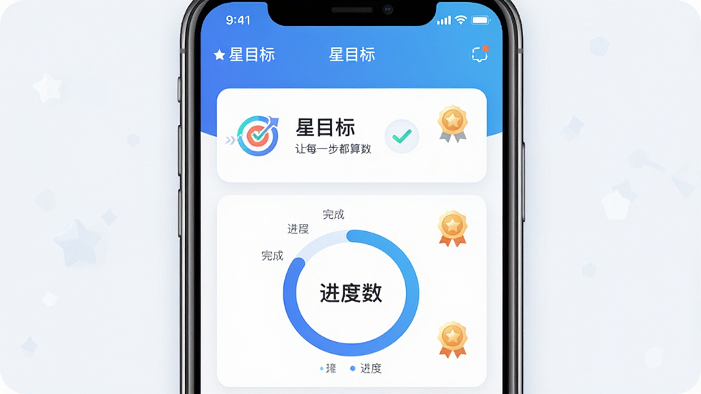 一张展示星目标软件核心界面的高清预览图,主体是手机屏幕中显示的目标列表和进度环,布局简洁明快,采用蓝白渐变主色调,排版以卡片式信息流为主,风格现代扁平化,细节包括完成打勾动画和成就徽章,画质清晰干净,无多余元素,图片文字包括