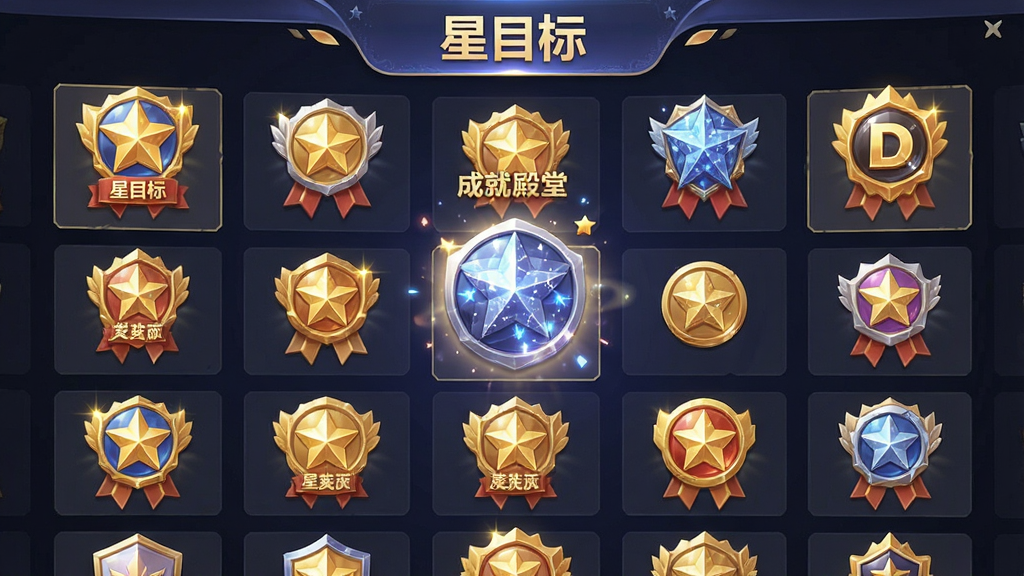 一张展示星目标成就系统的界面截图,主体是展示各种闪亮徽章和等级头衔的成就墙,布局错落有致,排版美观大方,风格精致华丽,细节包括徽章的光泽和动画特效,画质细腻干净,无多余元素,图片文字包括