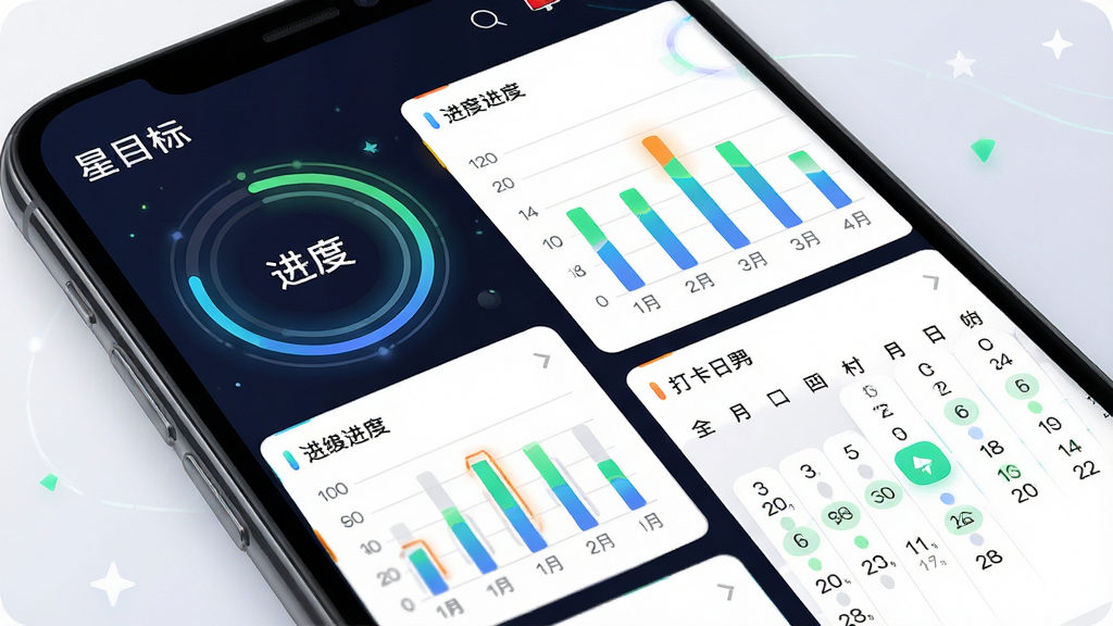 一张展示星目标多维进度追踪功能的图片,主体是手机界面上的数据仪表盘,包含环形进度、柱状图和打卡日历,布局紧凑有序,排版清晰易读,风格科技感十足,细节包括彩色数据指标和动态效果,画质高清干净,无多余元素,图片文字包括