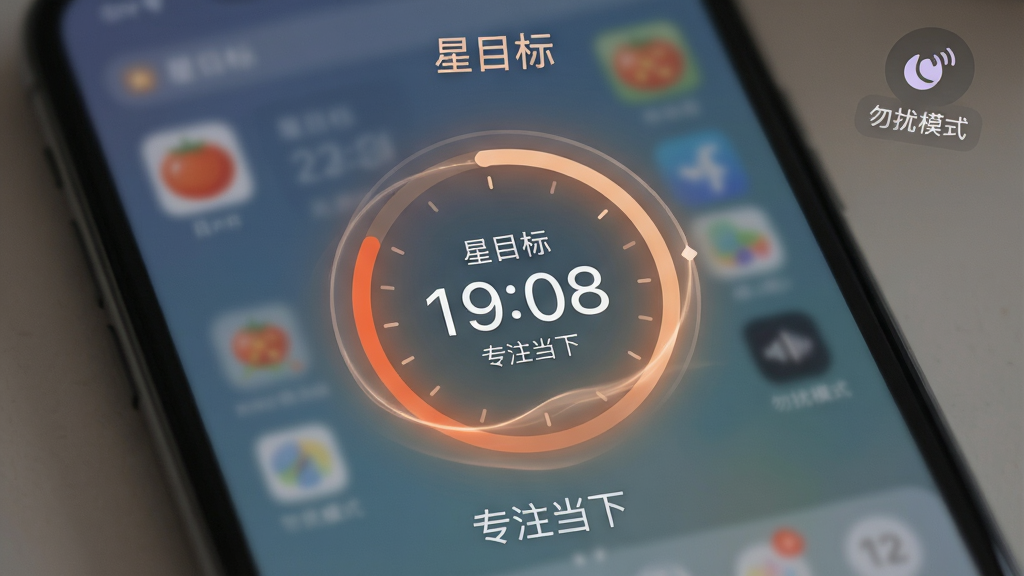 一张展示星目标专注模式运行时的界面,主体是手机屏幕中央的番茄钟倒计时圆环,周围有模糊化的背景和“勿扰模式”标识,布局简洁聚焦,排版突出中心,风格宁静专注,细节包括时间数字和流动的光效,画质柔和干净,无多余元素,图片文字包括