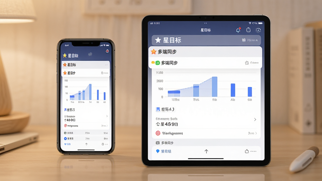 一张展示星目标在手机和平板上同步使用的场景图,主体是手机和平板并排放置,屏幕上显示相同的目标列表,布局对称,排版整洁,风格温馨实用,细节包括屏幕上的数据图表和通知栏提醒,画质清晰干净,无多余元素,图片文字包括