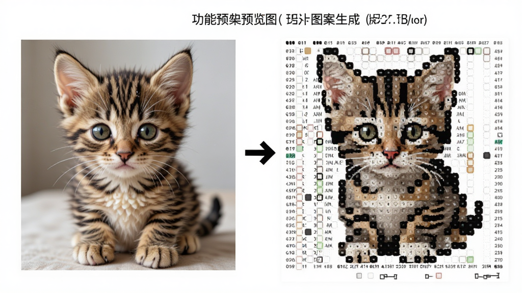 功能预览图,展示拼豆图案生成器将一张小猫照片转化为像素拼豆图纸的过程,左侧为原图,右侧为生成的图纸,图纸上标注色号,风格写实清晰,画质干净,无多余元素