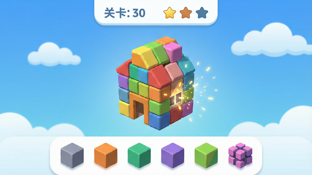 ���壺һ����Ϊ�����顱������������Ϸ�����棬��Ļ������һ���ɲ�ɫ���η���ƴ�ɵ����巿�ӣ�����Ϊ������ɫ�����Ư�����ƶ䡣���֣��Ϸ�Ϊ�ؿ�������������֣��·�Ϊ��ѡ�������򣬲������ҶԳƹ�ͼ���Ű棺�����࣬��ťԲ������ʹ���޳������壬�������׳��㡣������±�ƽ����ƣ�������͹�Ӱ��ɫ�����졣ϸ�ڣ������Ե����΢���ǣ�ƴͼ���ʱ�������ӹ�Ч�����ʣ�������Ⱦ������ɾ����޶���Ԫ�ء�