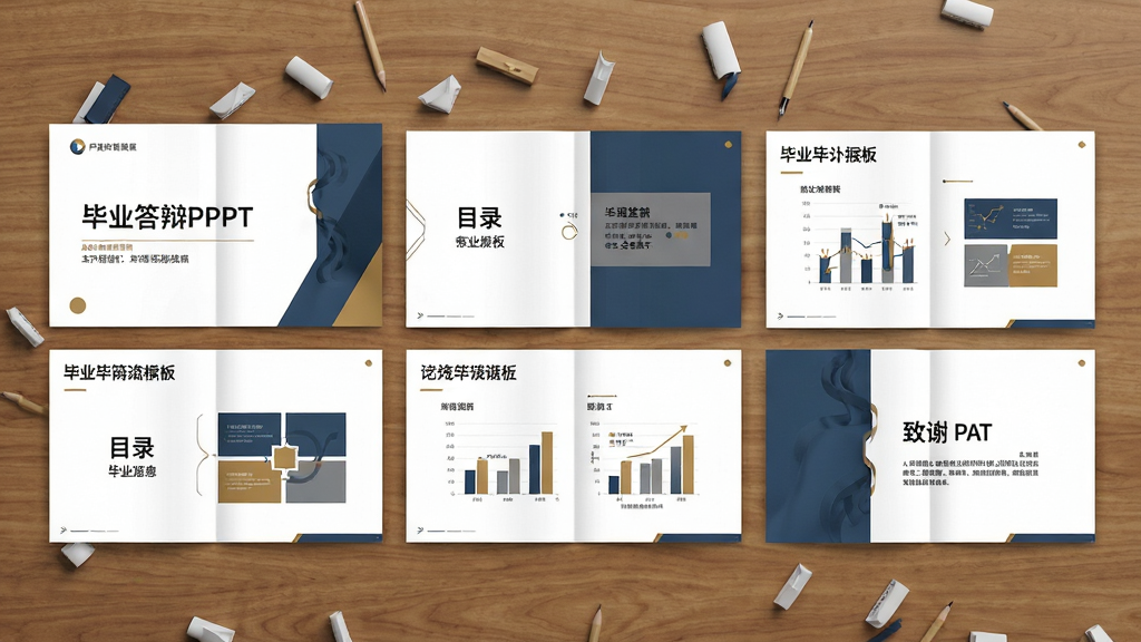 毕业答辩PPT模板核心全貌展示,画面主体为一套铺展开的PPT幻灯片设计稿,包含封面、目录、图表页与致谢页,整体布局规整,排版大气,风格为现代简约商务风,细节上呈现精致的线条与色块搭配,画质高清,干净无多余元素