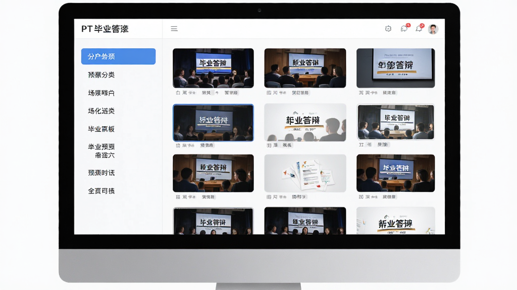毕业答辩PPT模板场景化分类界面预览图,画面主体为电脑屏幕上的模板选择界面,左侧为分类列表,右侧展示多款缩略图,布局清晰,排版整齐,风格为清爽的UI设计风格,细节上突出分类标签与预览效果,画质高清,干净无多余元素