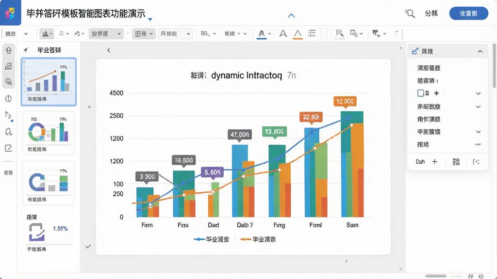 毕业答辩PPT模板智能图表功能演示图,画面主体为一张幻灯片编辑界面,页面中央是一个正在编辑的动态数据图表,图表色彩鲜明,布局合理,排版专业,风格为商务数据可视化风格,细节上展示图表数据标签与编辑菜单,画质高清,干净无多余元素