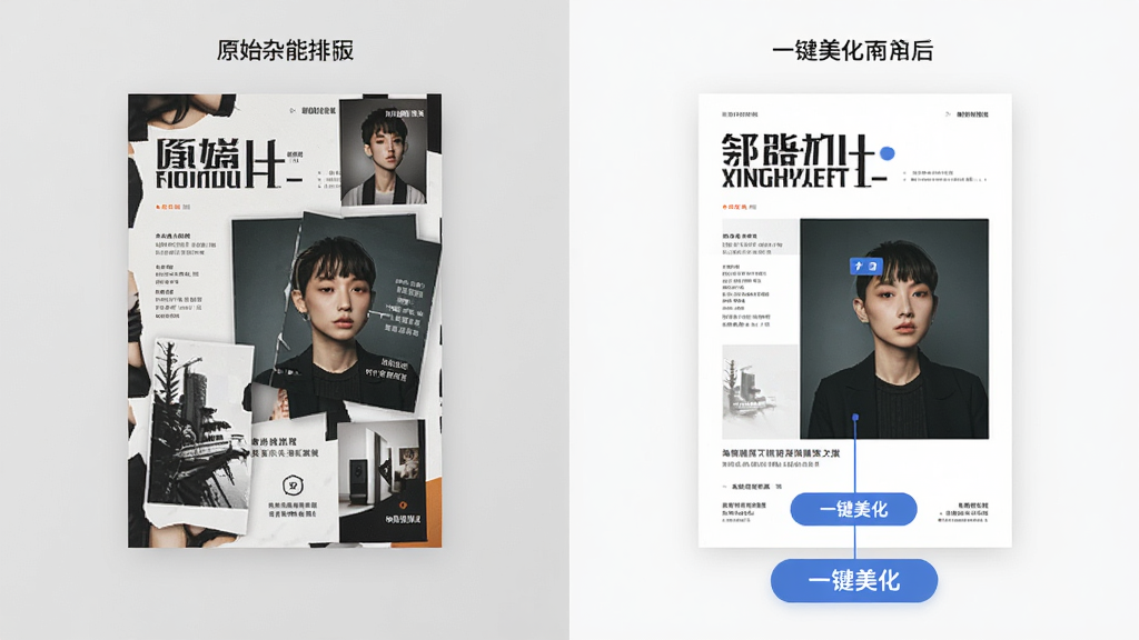 海报设计室智能排版功能演示图,展示两张海报对比,左边为原始杂乱排版,右边为一键美化后的整齐排版,标注有“一键美化”按钮,中文界面,高清画质,干净无多余元素