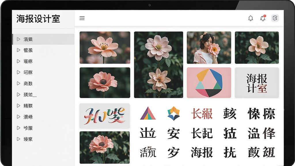 海报设计室素材库界面,展示左侧分类列表,右侧大量图片素材和字体样式,包括花朵、几何图形、艺术字等,界面清晰,中文标注“海报设计室”,高清画质,干净无多余元素