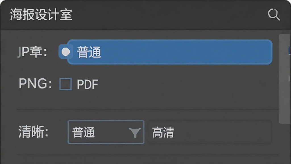海报设计室导出设置界面,显示格式选择JPG、PNG、PDF,分辨率有“普通”“高清”,清晰展示各选项,有中文标注,高清画质,干净无多余元素