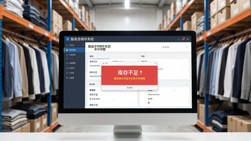 主体:服装仓库中货架上摆放整齐的服装,电脑屏幕显示库存预警弹窗。布局:前景为电脑屏幕特写,背景为仓库货架。排版:屏幕居中,货架延伸至两侧。风格:写实商务风,光线明亮。细节:屏幕上有“服装进销存系统”库存预警界面,显示“库存不足”红色提示。画质:高清,干净,无多余元素。