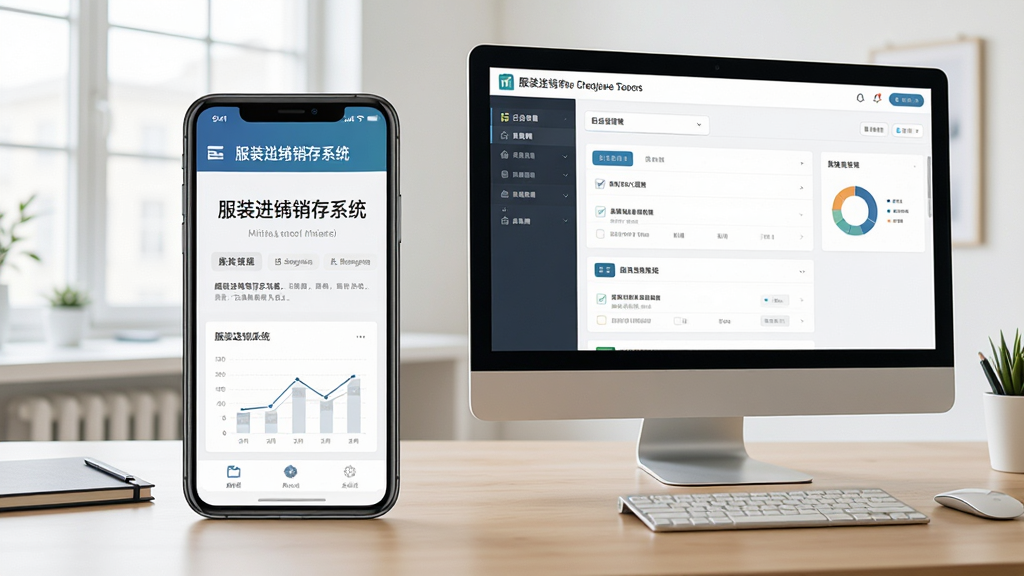 主体:一部智能手机和一台电脑并排摆放,屏幕上都显示“服装进销存系统”界面。布局:手机在左,电脑在右,背景为办公桌。排版:设备居中,界面内容可见。风格:简洁商务风,自然光。细节:手机屏幕显示移动端界面,电脑屏幕显示后台管理界面。画质:高清,干净,无多余元素。