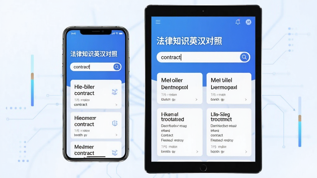 科技感UI设计风格,主体为手机与平板设备并排,屏幕上显示“法律知识英汉对照”的搜索界面,搜索框内有“contract”字样,下方出现多个英汉对照结果卡片,界面采用蓝色系,布局简洁,排版清晰,细节丰富,画质干净,无多余元素