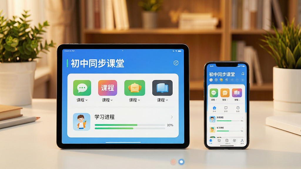 一张俯视角度的桌面场景,一台平板电脑和一部手机并排摆放,屏幕上清晰显示“初中同步课堂”应用主界面,界面包含彩色课程图标与学习进度条,暖色调书房背景,绿植点缀,画面构图平稳,排版简洁,摄影棚灯光效果,高清画质,干净无多余元素。